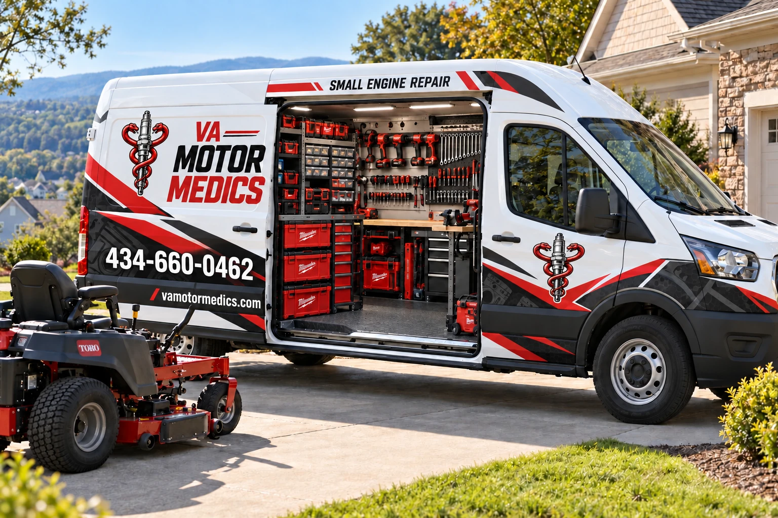 VA Motor Medics van concept with an organized mobile workshop beside a riding mower